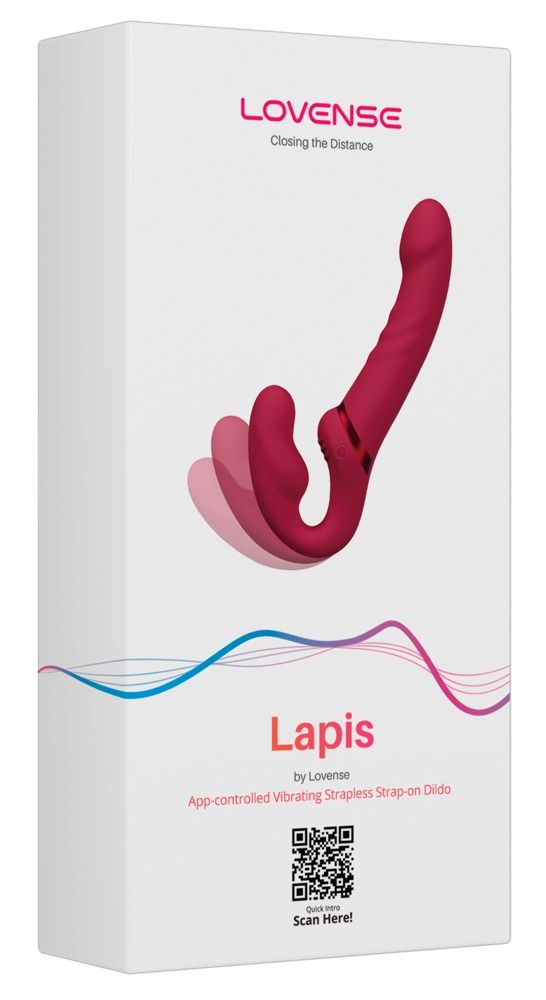 Verpackung mit einem roten, app-gesteuerten, riemenlosen Vibrator mit gebogenem Schaft.