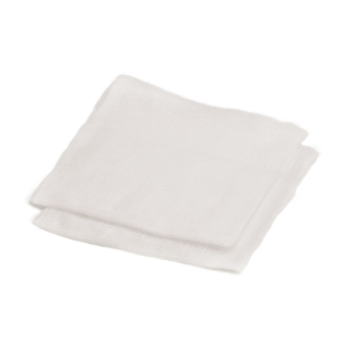 Zwei sterile Mullkompressen, quadratisch, weiß. Aus Baumwolle. 5x5 cm.