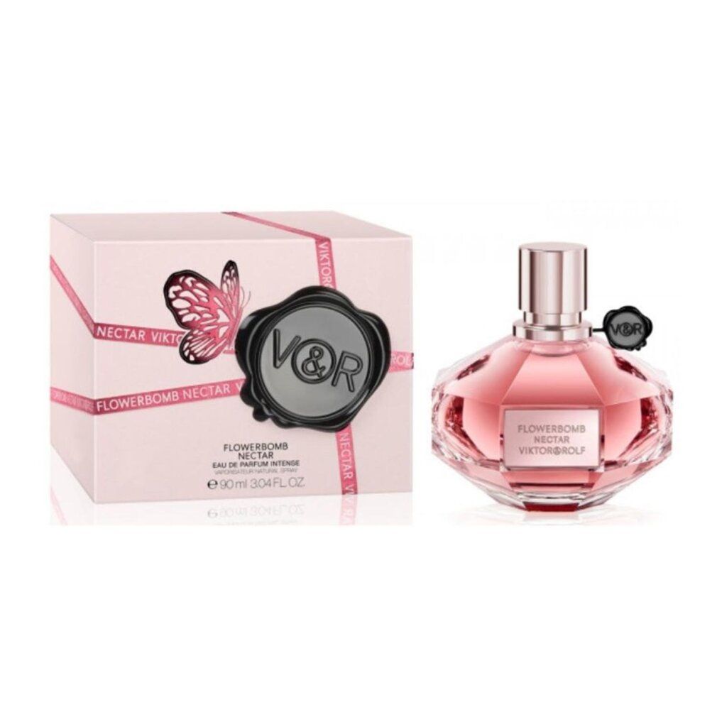 Rosafarbene Schachtel und Flakon. Aufschrift: Flowerbomb Nectar, Viktor & Rolf. Schwarzes Siegel mit V&R-Logo. Schmetterlingsmotiv.