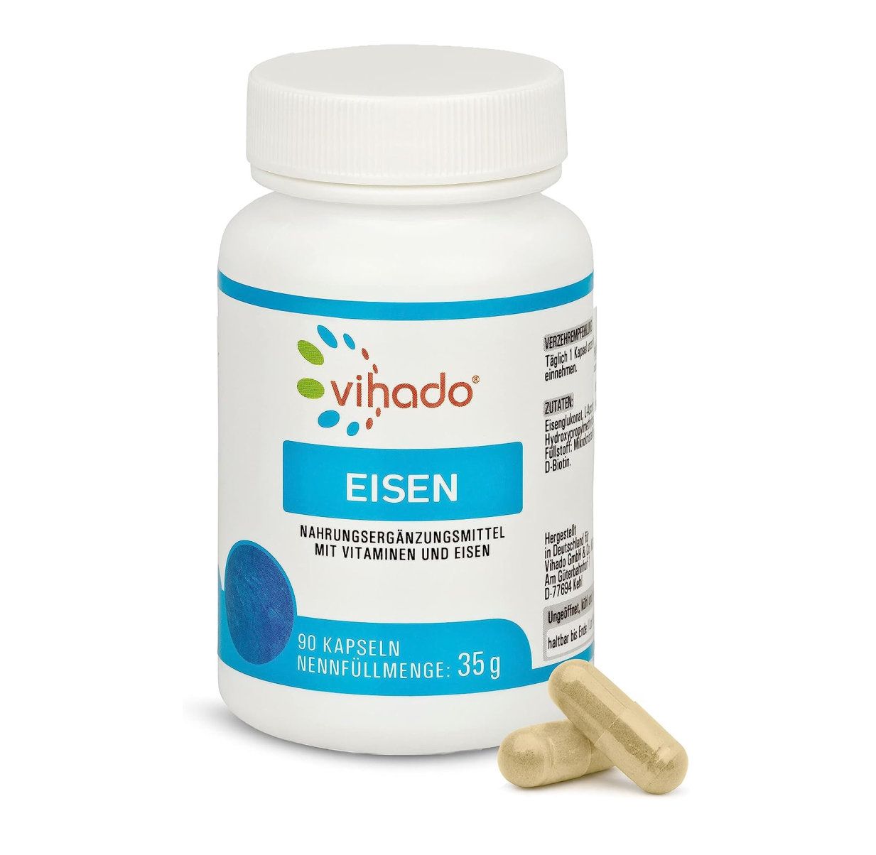 Weiße Flasche mit blauer Aufschrift: Vihado Eisen. 90 Kapseln. Zwei Kapseln liegen daneben. Nahrungsergänzungsmittel mit Vitaminen und Eisen.