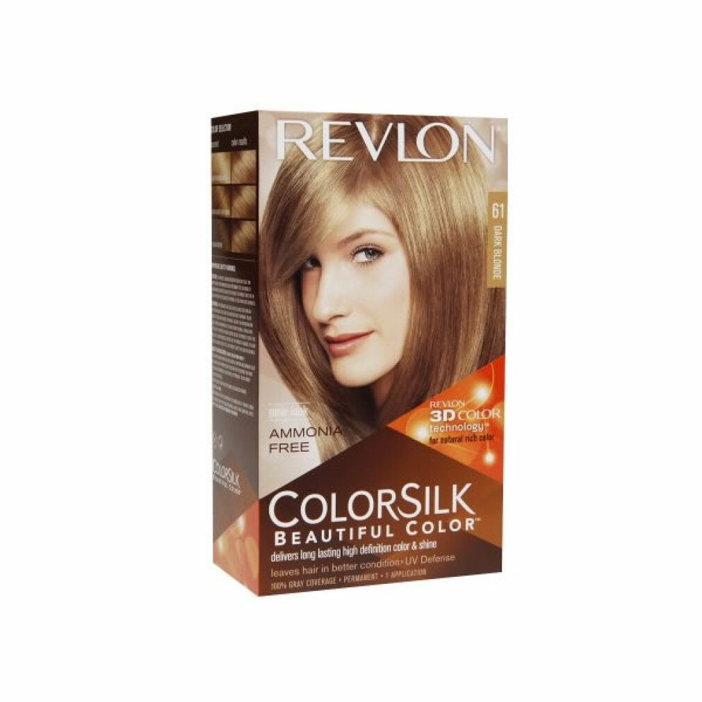 Haarfärbemittel-Verpackung Revlon Colorsilk 61 Dark Blonde. Frau mit blondem Haar. Text: 3D Color Technology, ohne Ammoniak. Produktname sichtbar.