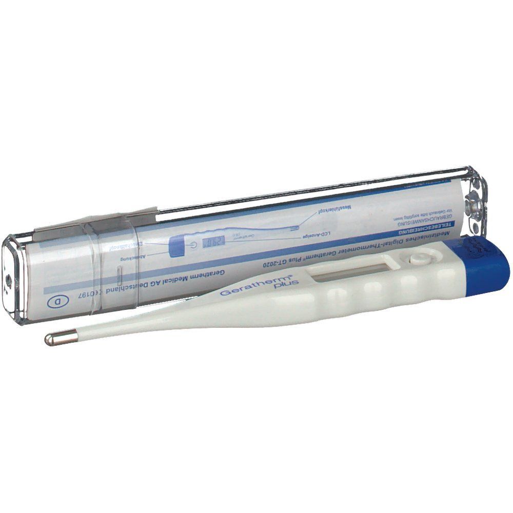 Digitales Fieberthermometer mit weißem Gehäuse, blauem Ende und Schutzhülle. Geratherm-Logo sichtbar.
