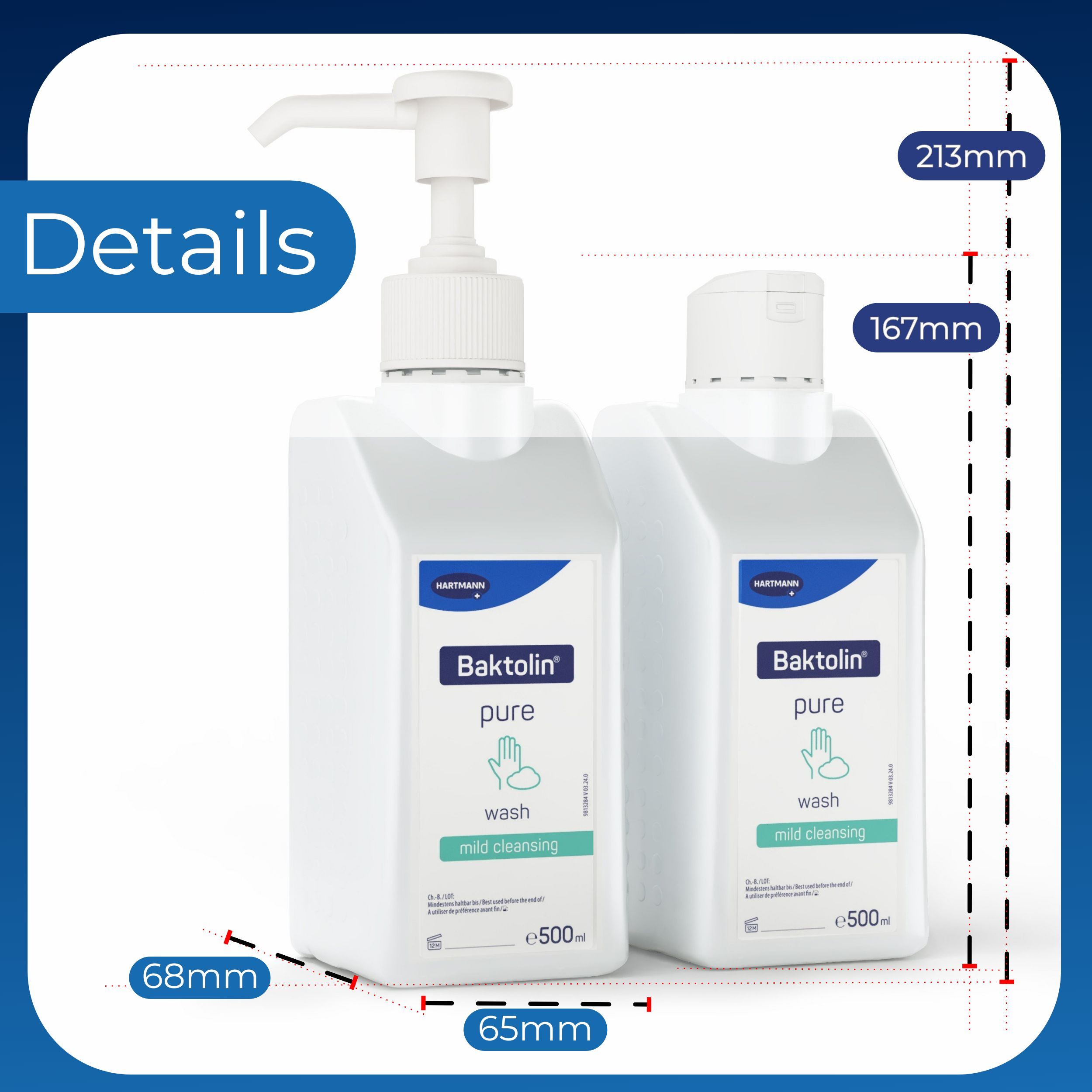 Baktolin pure Flasche mit und ohne Pumpe. Abmessungen: 68x65x167mm und 213mm hoch. 500ml.
