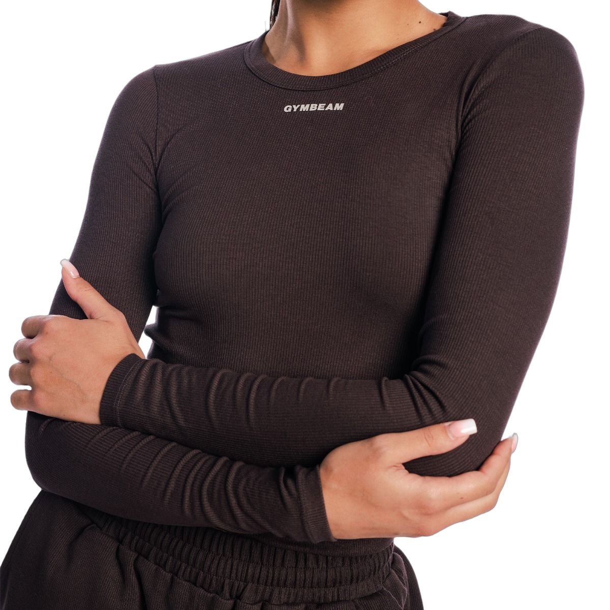 GymBeam Langarmshirt Damen slim mit rundem Ausschnitt Tee Brown