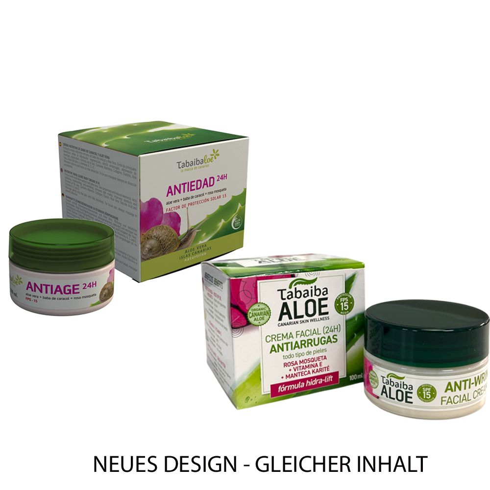 Drei Cremes und Verpackungen. Zwei Cremes mit grünen Deckeln, eine mit weißem Deckel. Verpackungen mit Logo und Produktnamen.