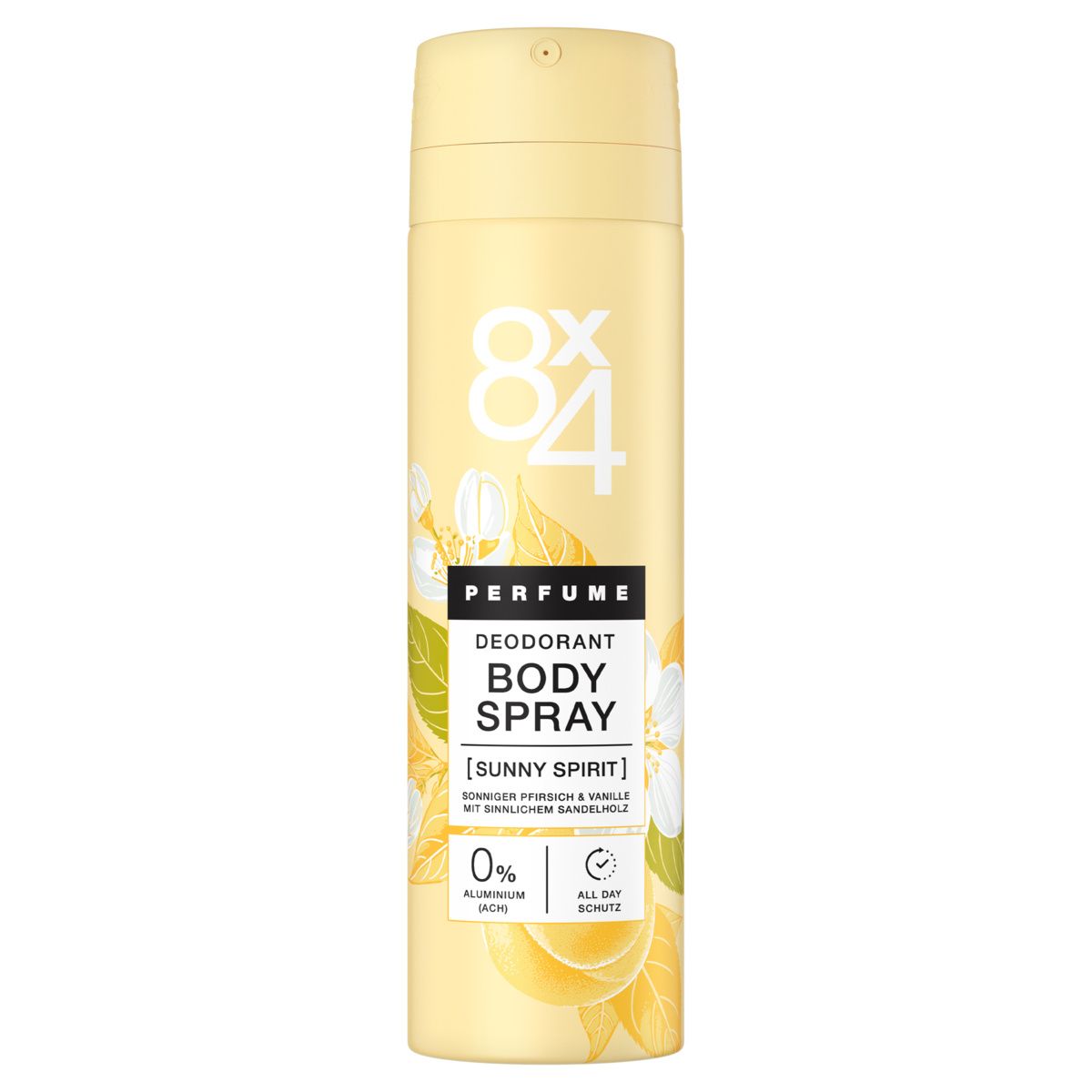 Eine 8X4 Body Spray Sunny Spirit Deodorant-Sprühdose in Hellgelb mit Zitrus- und Blumenmotiven.