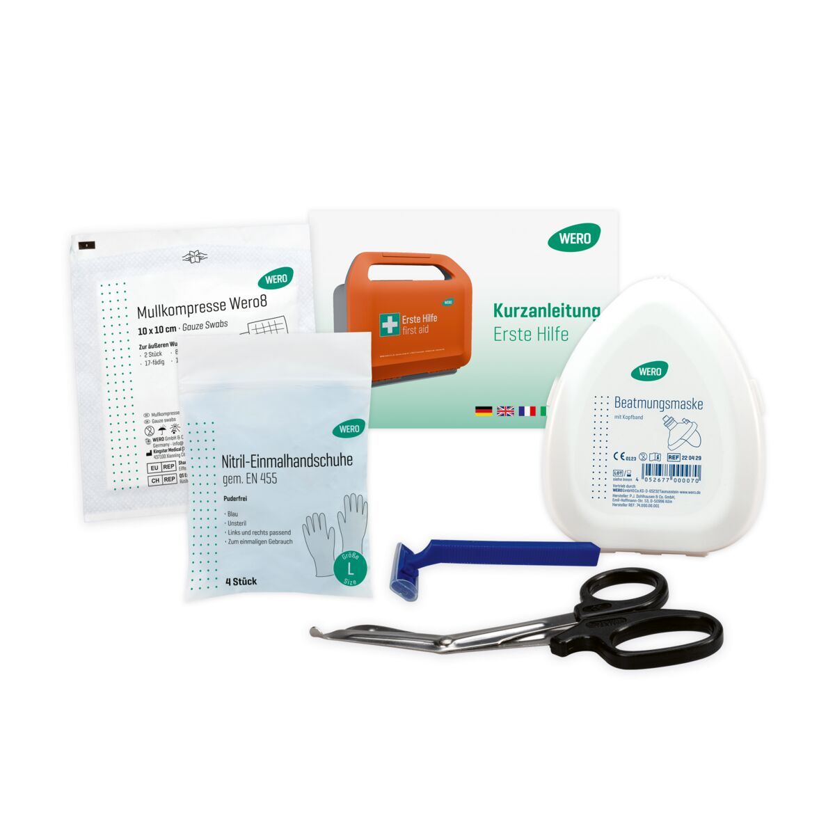 Erste-Hilfe-Set mit Verbandsmaterial, Handschuhen, Beatmungsmaske, Schere und Anleitung. Orangefarbene Box mit Kreuz.