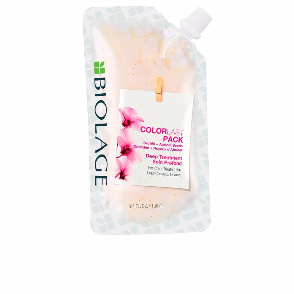 Biolage Colorlast Deep Treatment Pack. Weiße, transparente Verpackung mit Produkt. Text und Blumenabbildung auf Etikett.