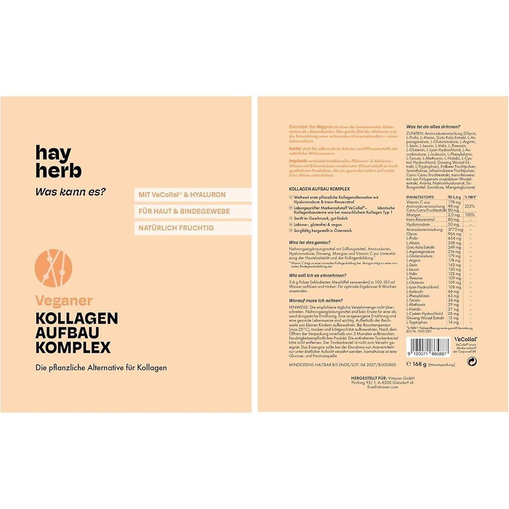 Produktverpackung, Vorder- und Rückseite. Text: hay herb, Veganer Kollagen Aufbau Komplex. Inhaltsstoffe, Nährwerte, Anwendungshinweise.