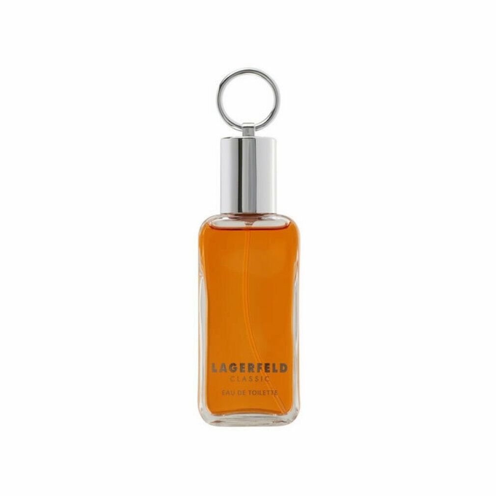 Kleiner, rechteckiger Flakon mit silbernem Verschluss und Ring. Flüssigkeit orange. Schriftzug: Karl Lagerfeld Classic Eau De Toilette.