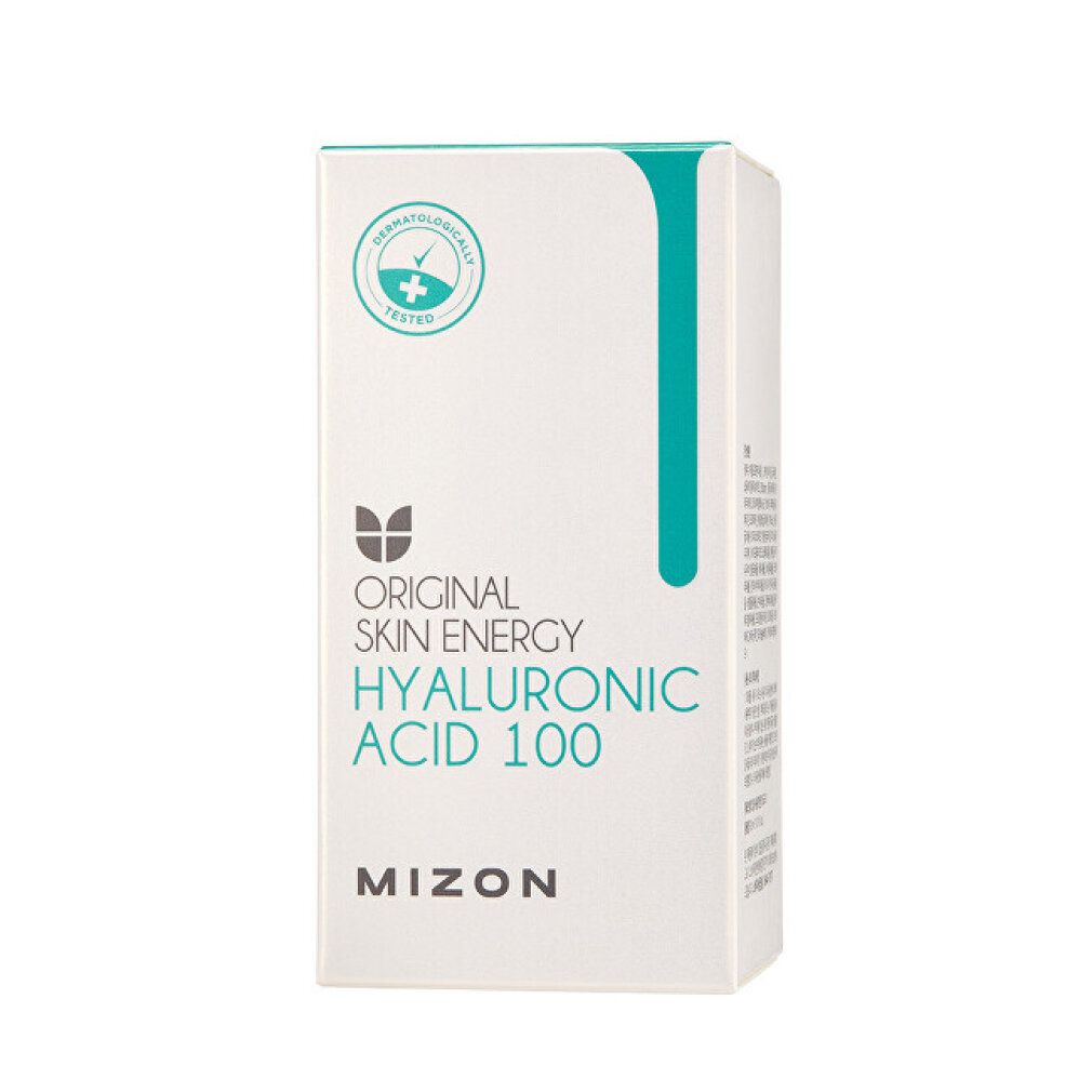 Weiße Verpackung mit grüner Linie und Aufschrift: Original Skin Energy Hyaluronic Acid 100. Marke Mizon. Dermatologisch getestet.