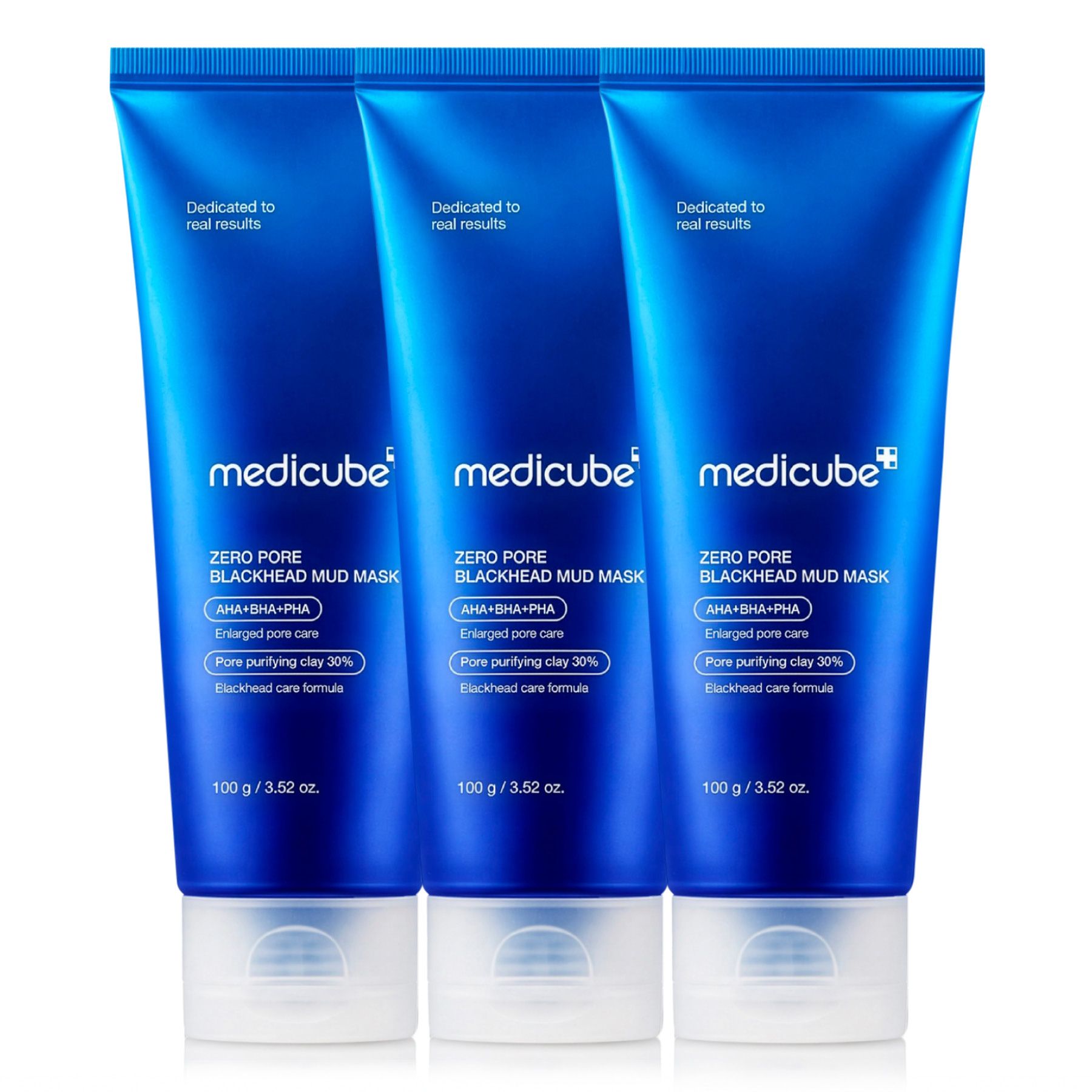 Drei blaue Tuben Medicube Zero Pore Blackhead Mud Mask, jeweils 100g.