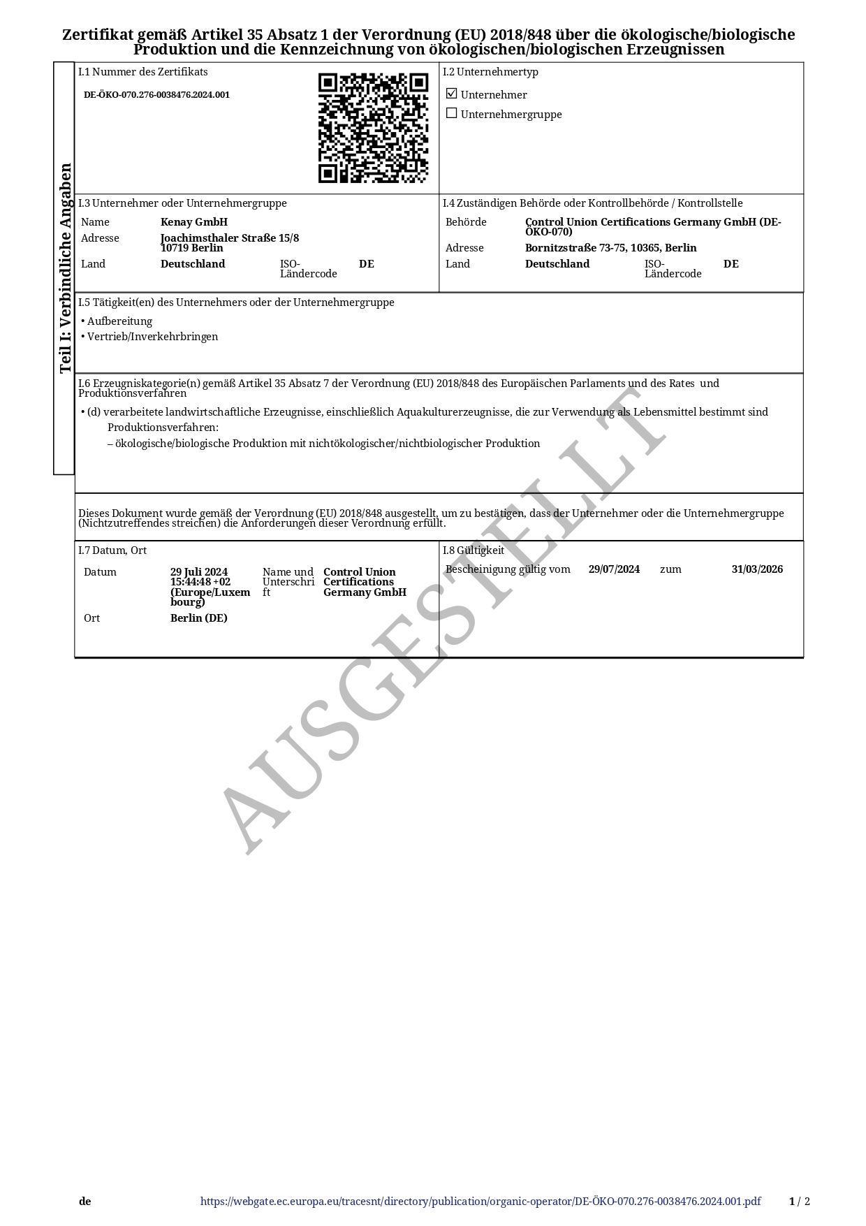 Zertifizierungsdokument mit Informationen zu ökologischer Produktion. Text: "AUSGESTELLT".