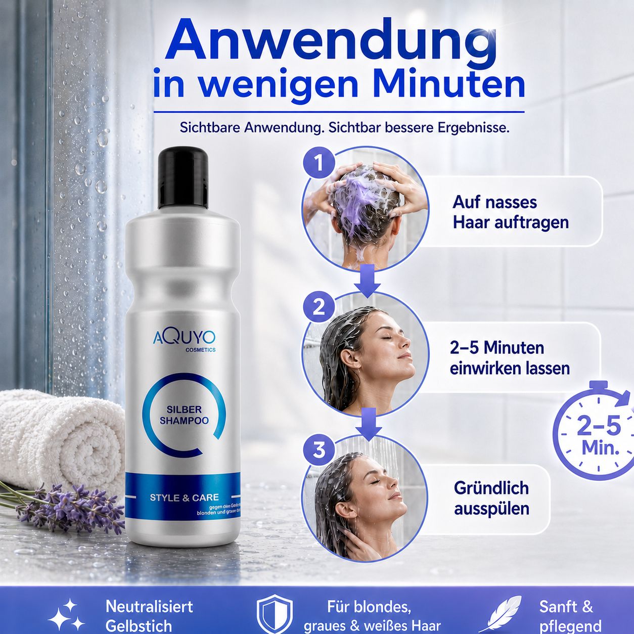 Silber Shampoo-Flasche. Anwendungsschritte: Auftragen, 2-5 Minuten einwirken lassen, ausspülen. Text: Anwendung in wenigen Minuten.