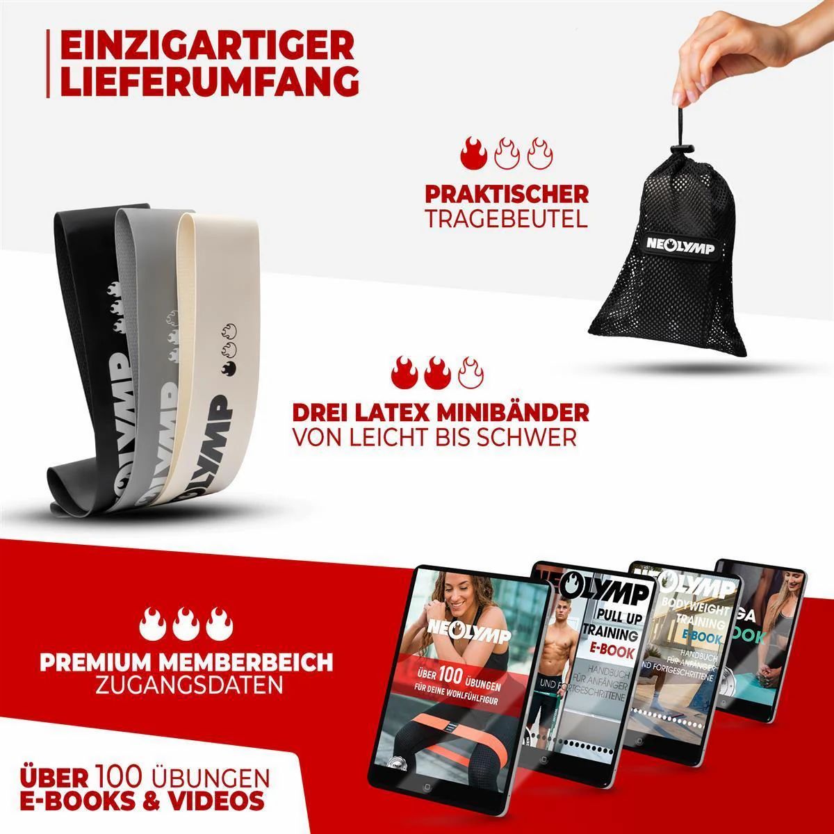 Drei Latex-Minibänder, Tragetasche und E-Books. Text: "NEOLYMP", "DREI LATEX MINIBÄNDER", "E-BOOKS & VIDEOS".