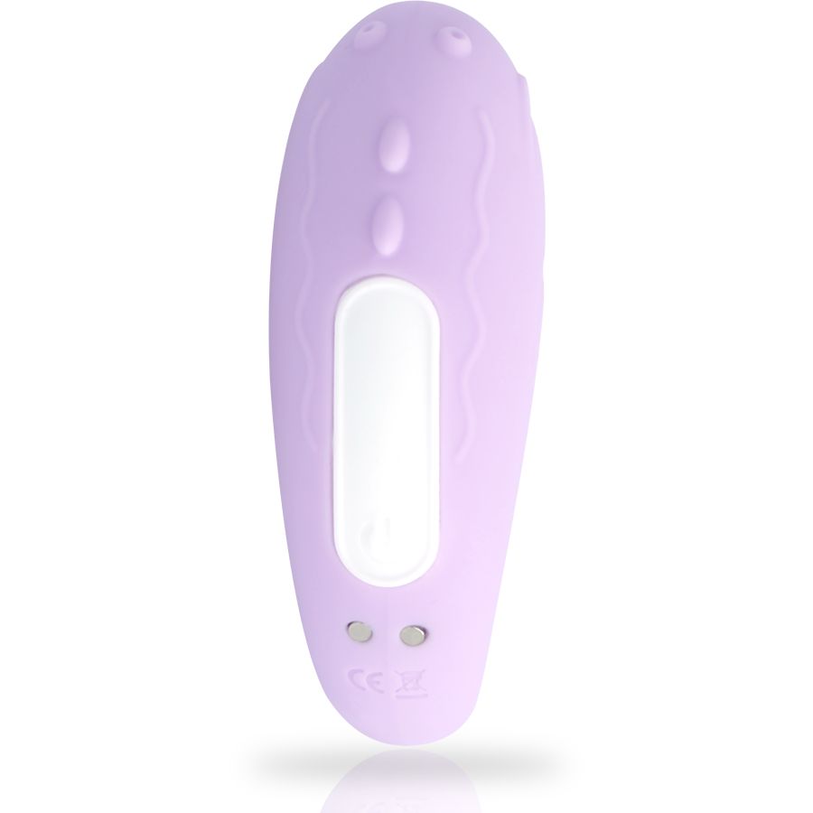 Lila Vibrator, Unterseite. Wellenförmige Details, weißer Bereich und zwei Knöpfe. CE-Kennzeichnung.