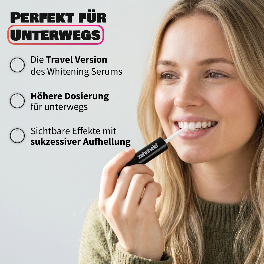 Frau benutzt Zahnheld Natural White Serum Pen für weiße Zähne.