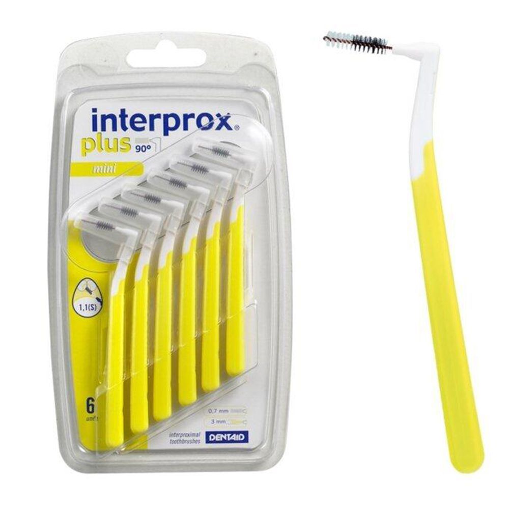 Paquet de 6 mini-brosses Interprox Plus jaunes. Une brosse seule à côté.