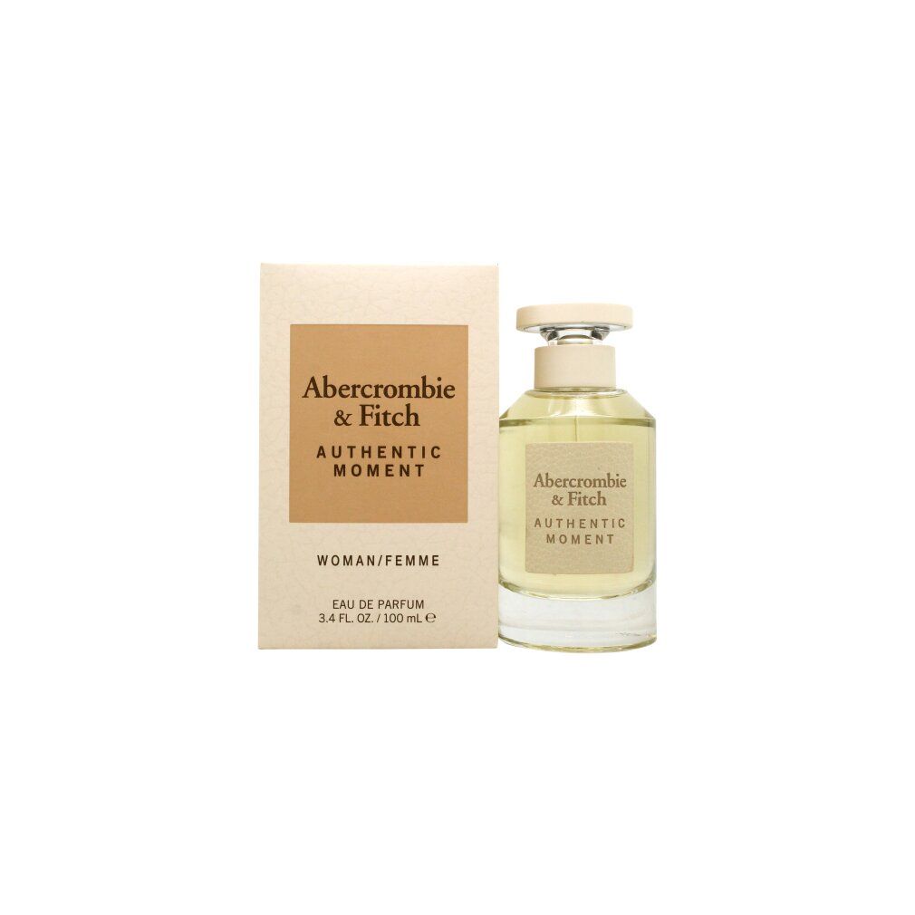 Parfümflasche und -verpackung. Aufschrift: Abercrombie & Fitch, Authentic Moment, Woman/Femme. 100 ml.