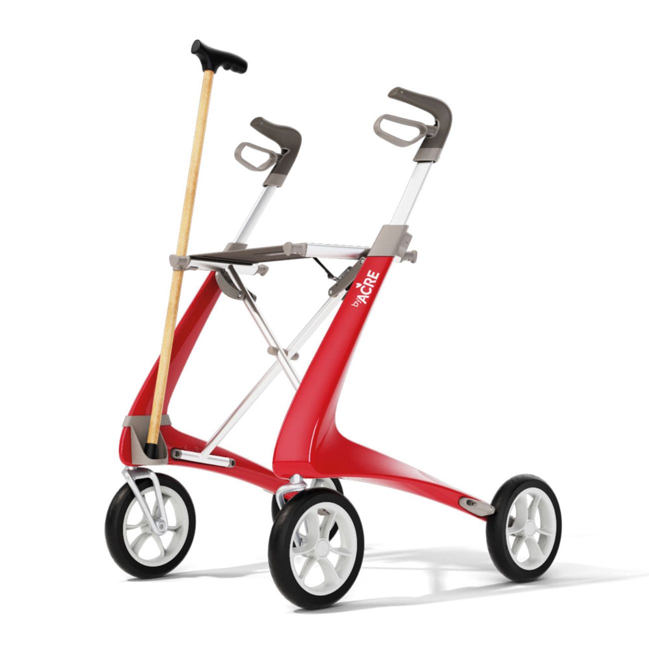 Rollator mit rotem Rahmen, weißen Rädern und grauen Griffen. Ein Stockhalter ist angebracht. Das Produkt hat das Logo "%CARE".