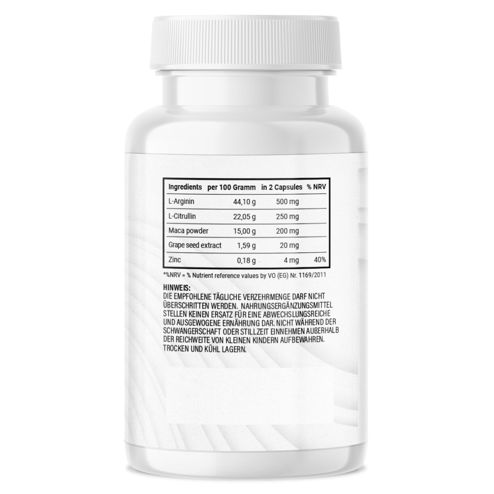 Rückseite einer weißen Flasche mit Nährwerttabelle. Inhaltsstoffe pro 100g und 2 Kapseln. Hinweis zur empfohlenen Tagesdosis.