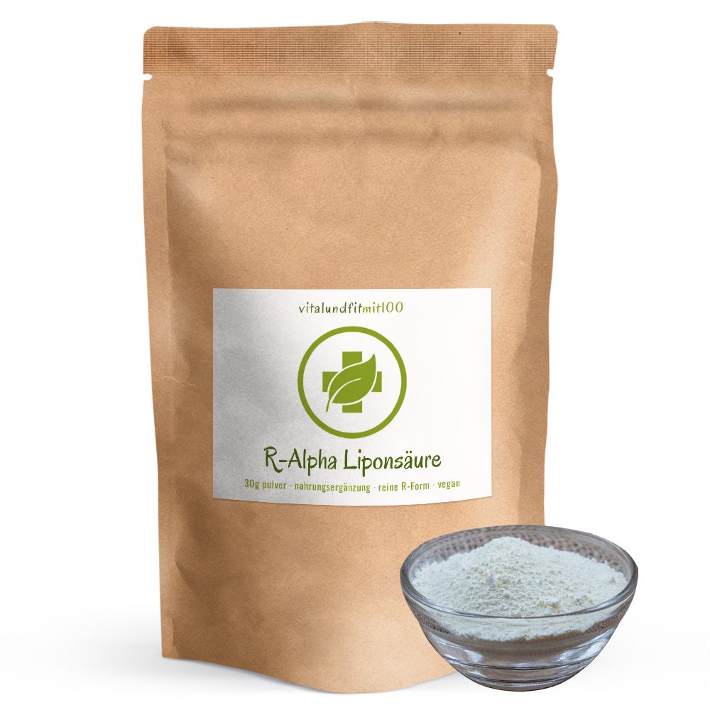 Braune Tüte mit weißem Etikett und Glasgefäß mit weißem Pulver. Aufschrift: vitalundfitmit100, R-Alpha Liponsäure, 30g Pulver, vegan.