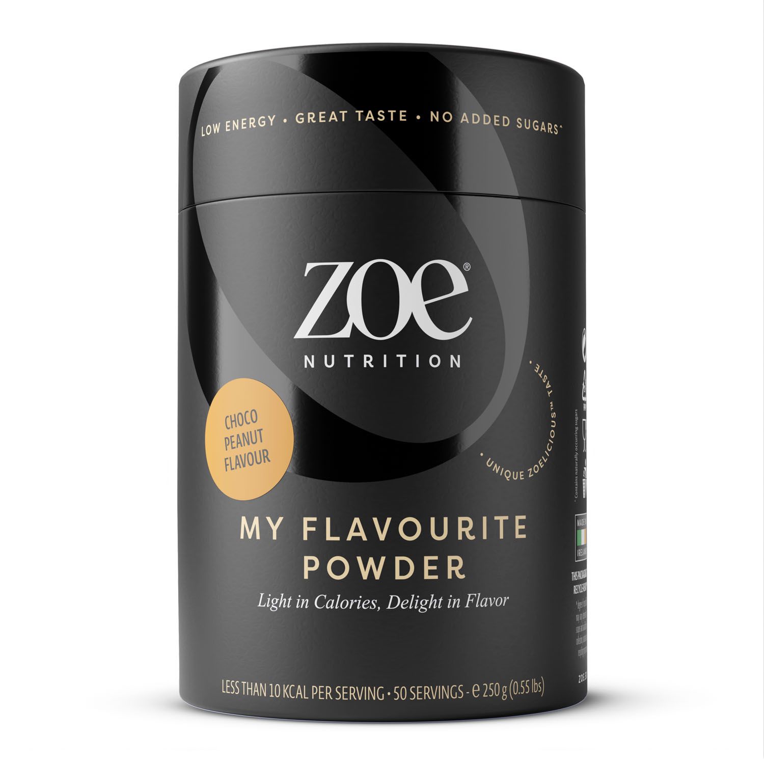 Schwarze Dose mit "zoe NUTRITION"-Logo und "MY FLAVOURITE POWDER". Aufschrift: "Choco Peanut Flavour". Enthält 50 Portionen.