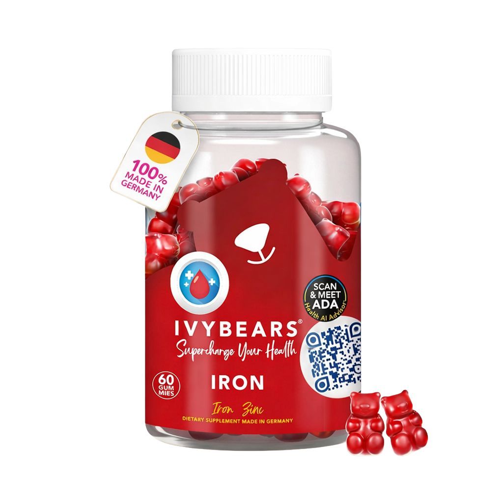 Rote Gummibärchen in einer transparenten Flasche. Aufschrift: IvyBears Iron, 60 Gummies, Iron Zinc. Anhänger: 100% Made in Germany.