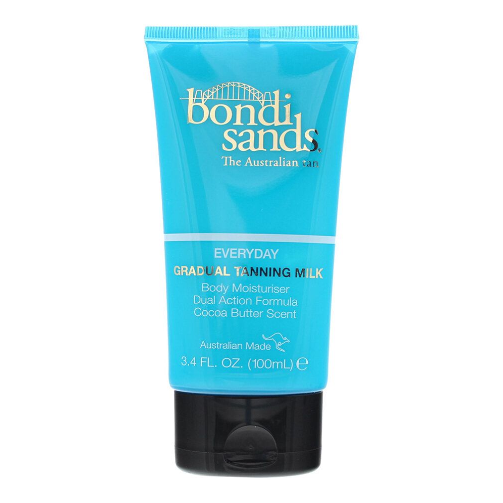 Türkisfarbene Tube mit schwarzem Deckel. Aufschrift: Bondi Sands, Everyday Gradual Tanning Milk. Enthält 3.4 FL. OZ.