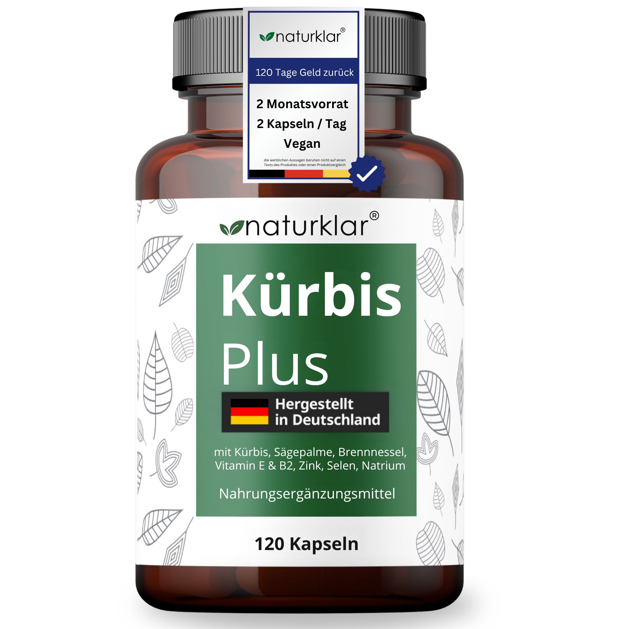 Braune Flasche mit schwarzen Deckel. Etikett mit "Naturklar Kürbis Plus" und Inhaltsangaben. 120 Kapseln. Vegan.
