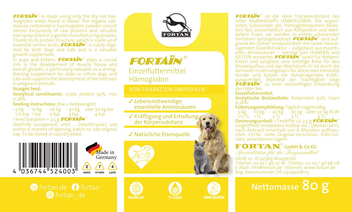 Gelbes Etikett mit Text und Abbildung von Hund und Katze. "FORTAIN" und Produktinformationen. Nettomasse 80g.