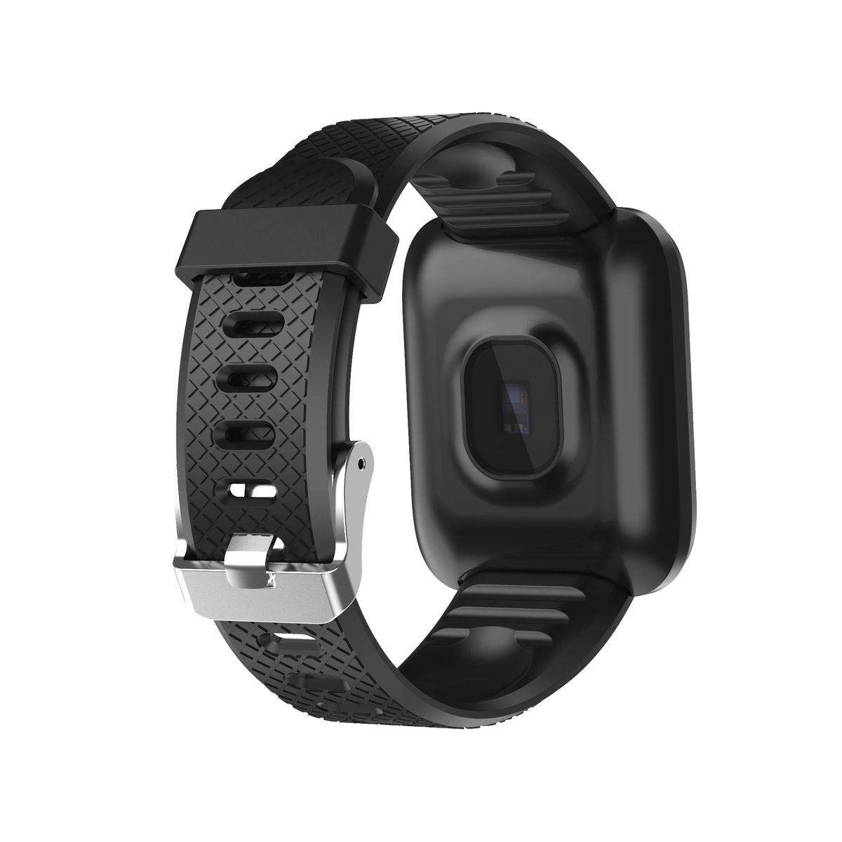 Rückseite einer schwarzen Smartwatch. Schwarzes Armband mit silberner Schnalle. Sensor auf der Rückseite.