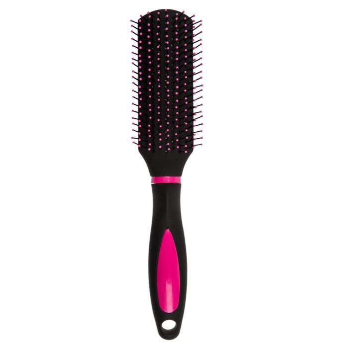 Brosse à cheveux rectangulaire avec manche noir et accents roses. Picots roses.
