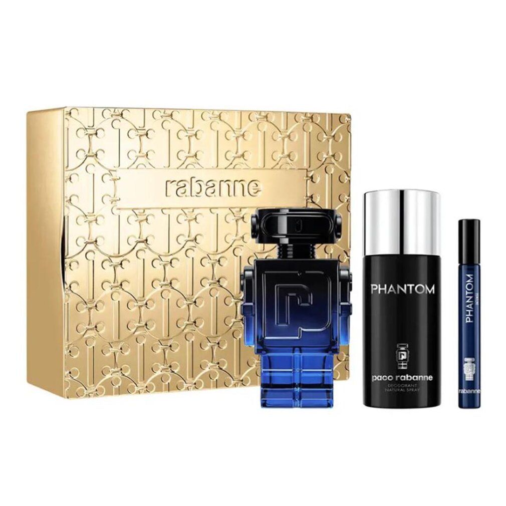 Paco Rabanne Phantom Geschenkset mit Roboter-Parfümflakon, Deodorant-Spray und Reisezerstäuber auf goldener Verpackung.