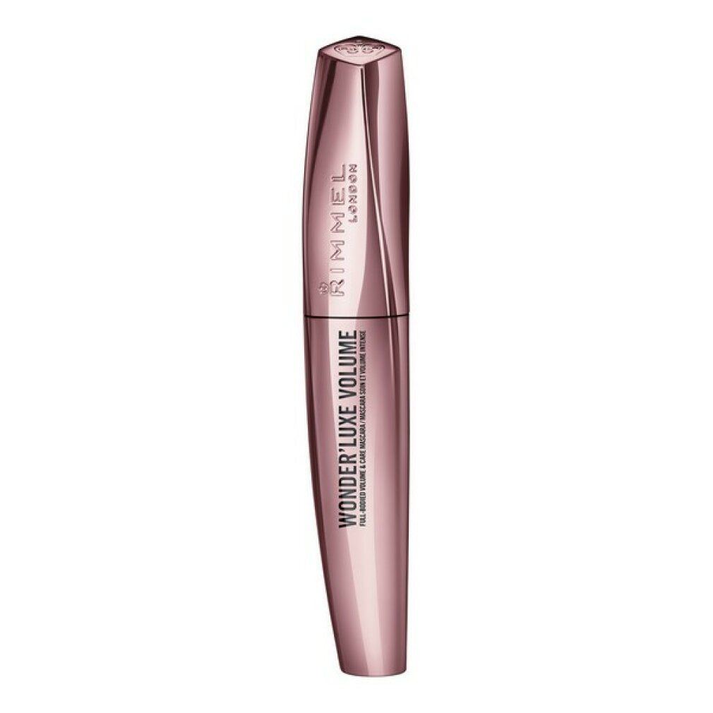 Rimmel London Wonder'Luxe Volume Mascara. Rosa-farbene Hülse, schwarze Bürste. Geschlossen.