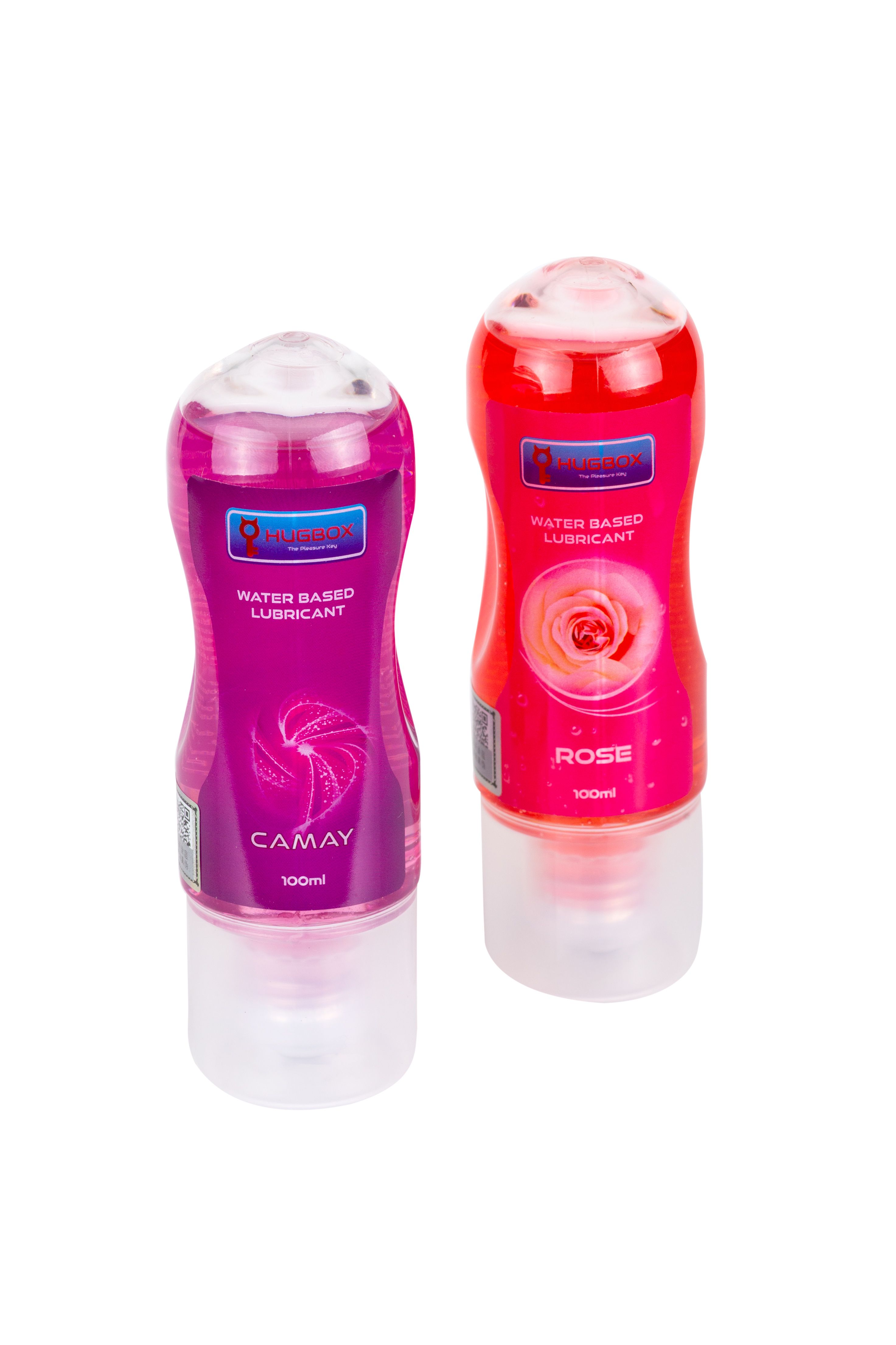 Zwei Flaschen mit rosa und roter Flüssigkeit. Aufschrift CAMAY und ROSE. WATER BASED LUBRICANT.