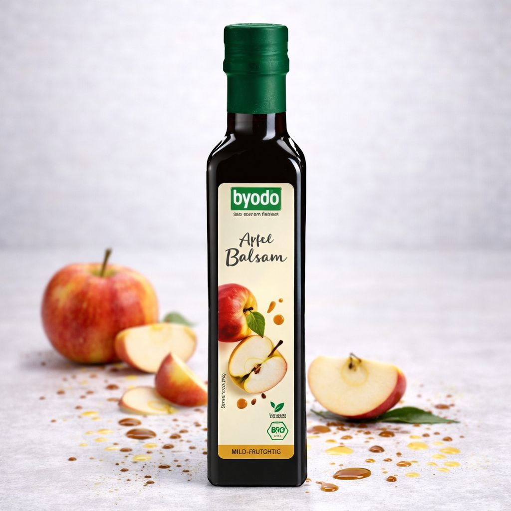Byodo Apfel Balsam Flasche mit Äpfeln und Blättern auf dem Tisch. Balsamico-Tropfen sind sichtbar.