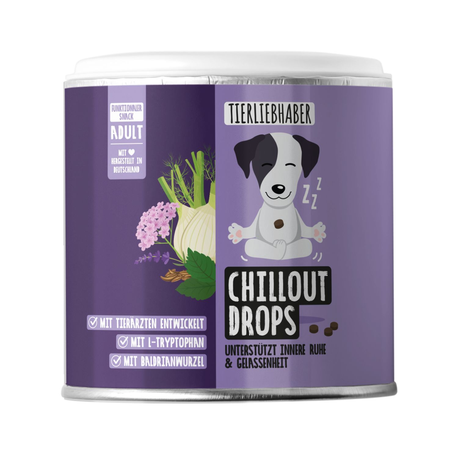 Dose mit Hundekeksen, Aufschrift 'Chillout Drops', mit Hundemotiv und Kräutern.