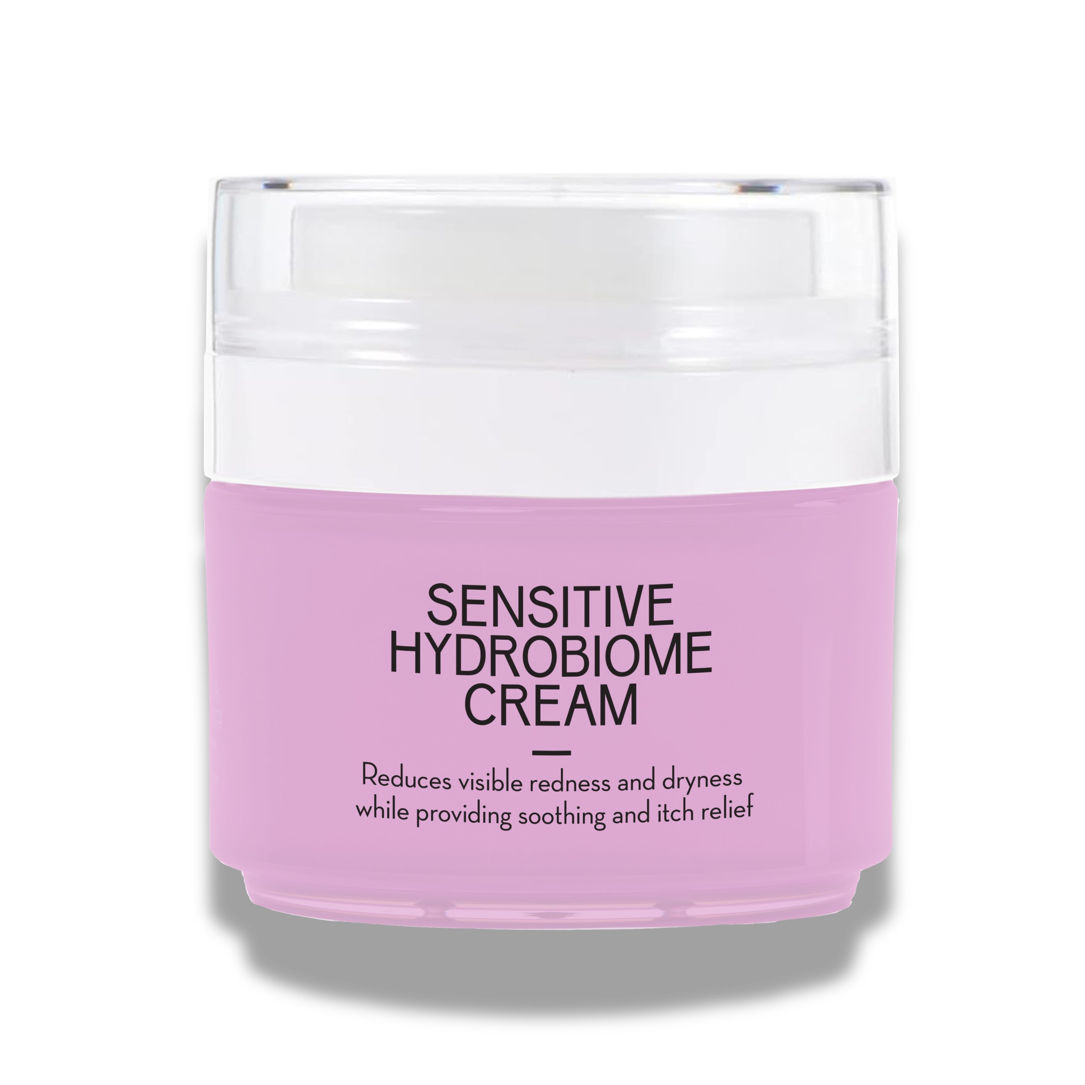 Cremebehälter, rosa, mit weißem Deckel. Aufschrift: SENSITIVE HYDROBIOME CREAM. Reduziert Rötungen und Trockenheit.