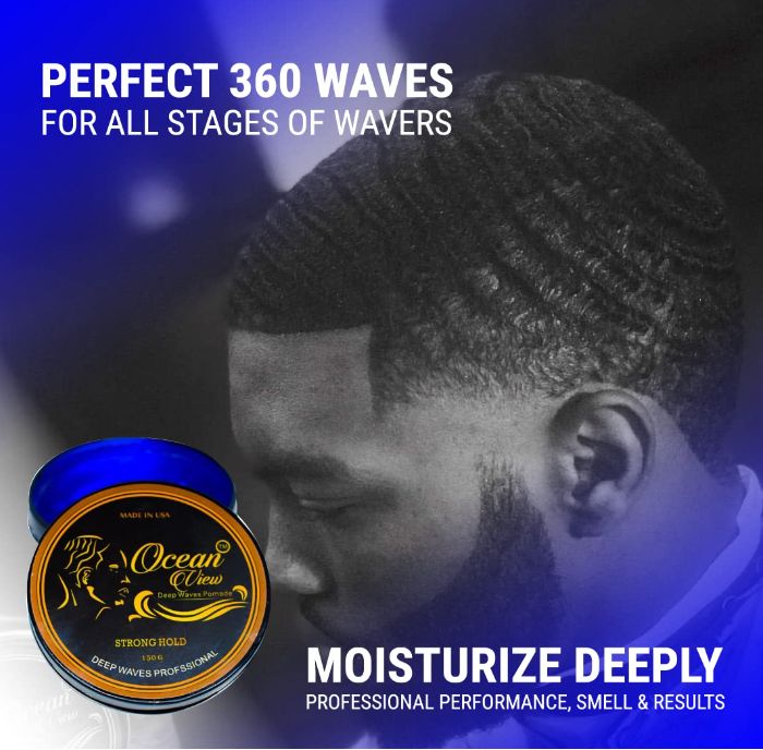 Geöffnete Dose mit blauer Pomade. Deckel mit Logo und Schriftzug 'Ocean View Deep Waves Pomade'. Aufschrift 'Strong Hold'.