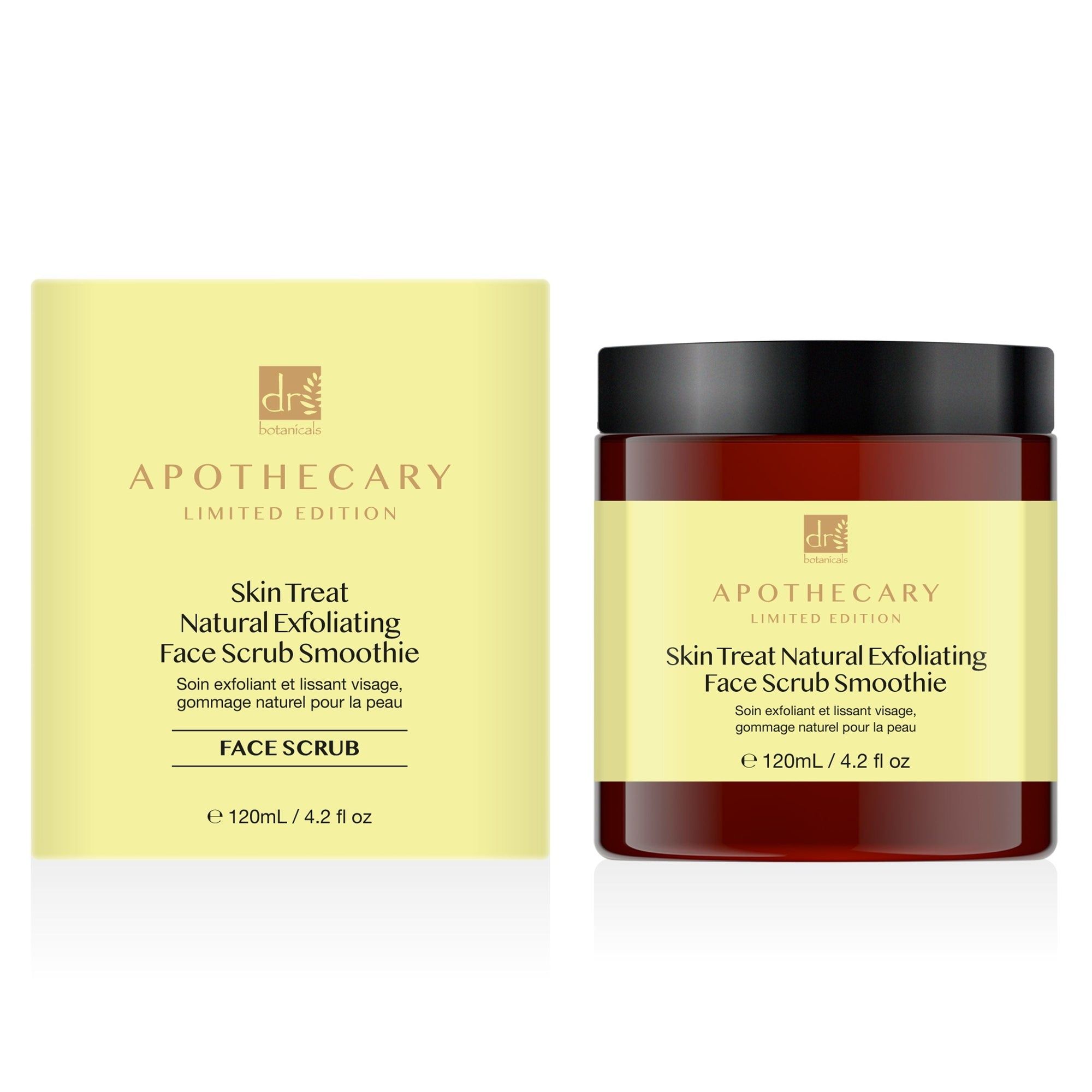 Produkt und Verpackung. Dose mit gelbem Etikett und Aufschrift. Skin Treat Natural Exfoliating Face Scrub Smoothie.