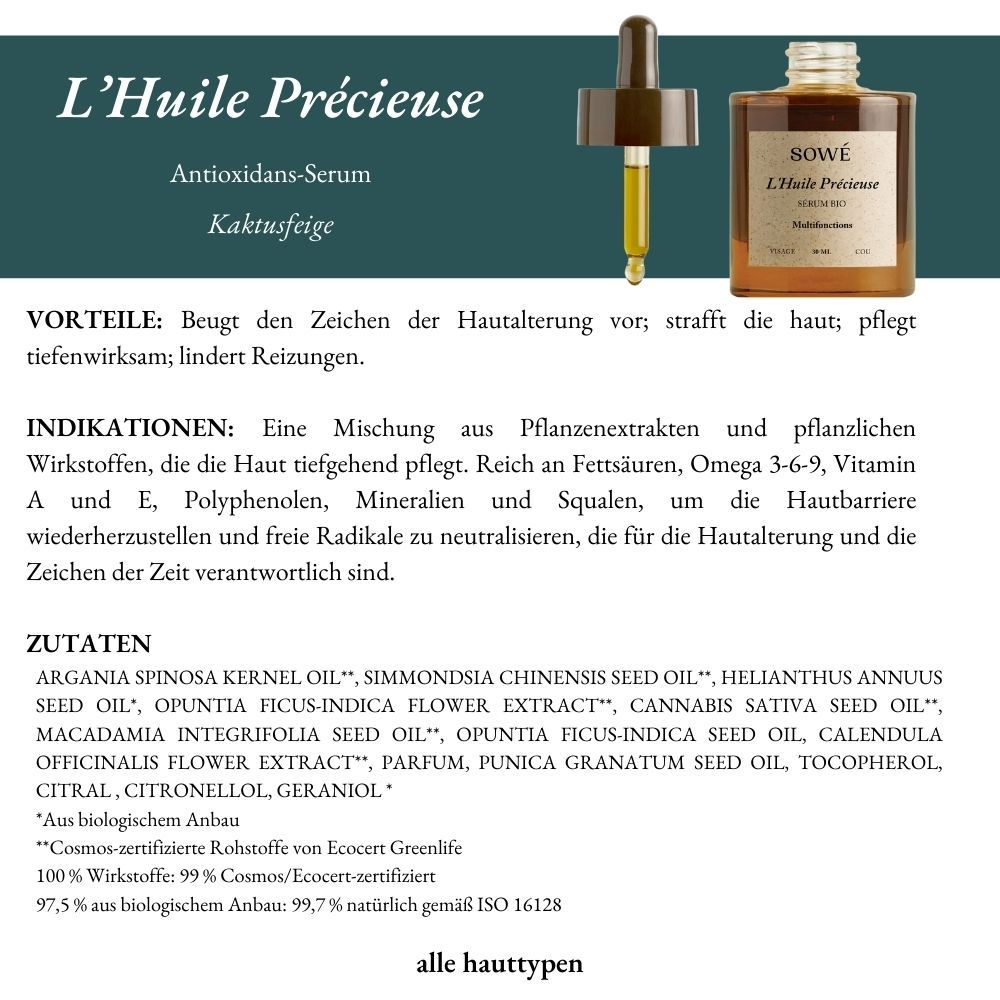 Produktabbildung mit Text. Produktname und Inhaltsstoffe. Text in deutscher Sprache. Zertifizierungen sind sichtbar.