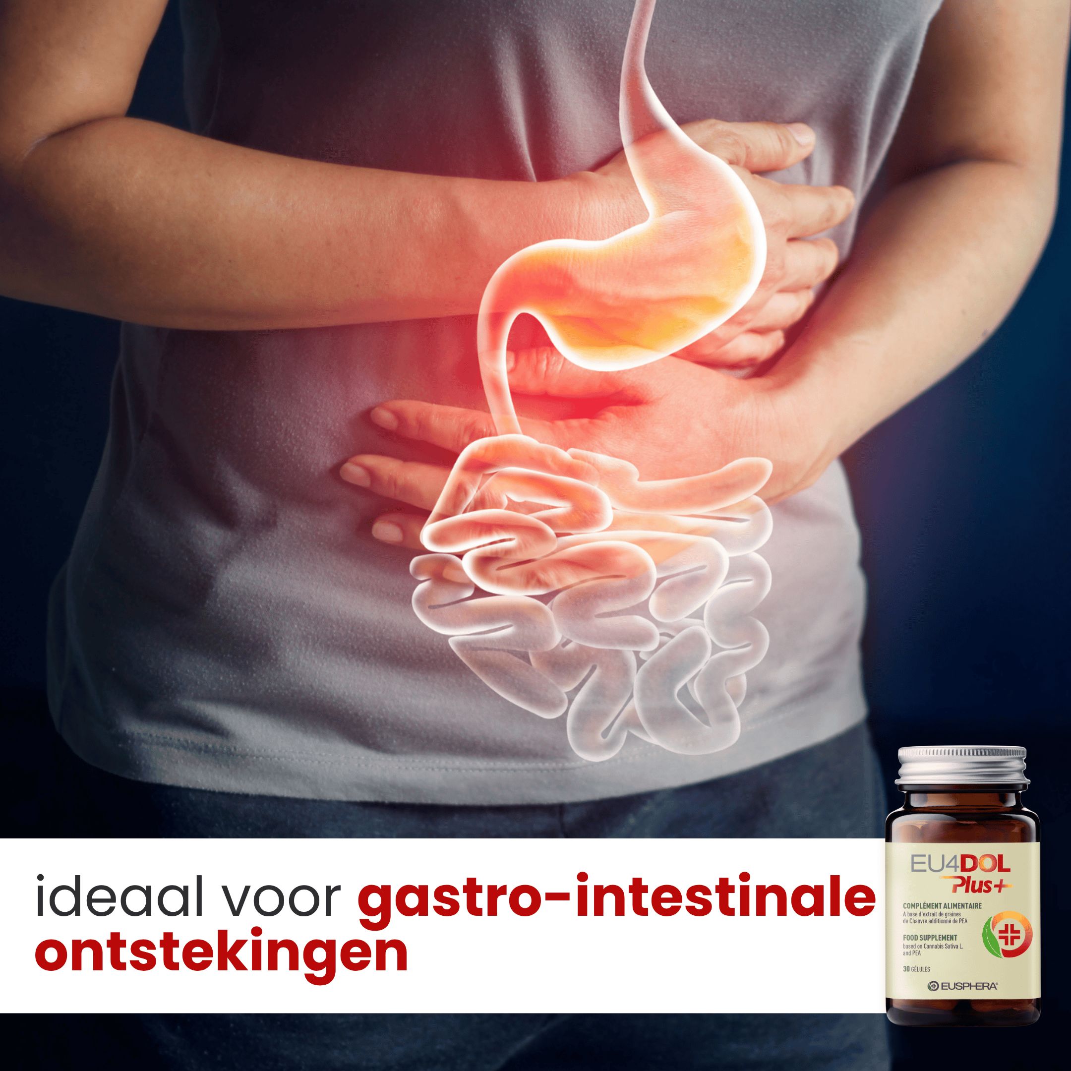 Ouder echtpaar. EU4DOL Plus+ fles. Tekst: Ideaal voor botten en gewrichten. Eusphera logo. euspheara.com.