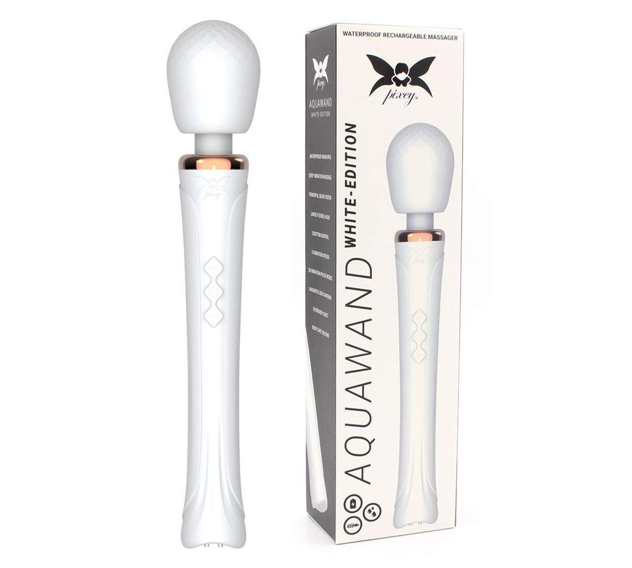 Weißer Massagestab mit goldfarbenem Akzent. Neben der Verpackung mit Produktnamen und Logo.