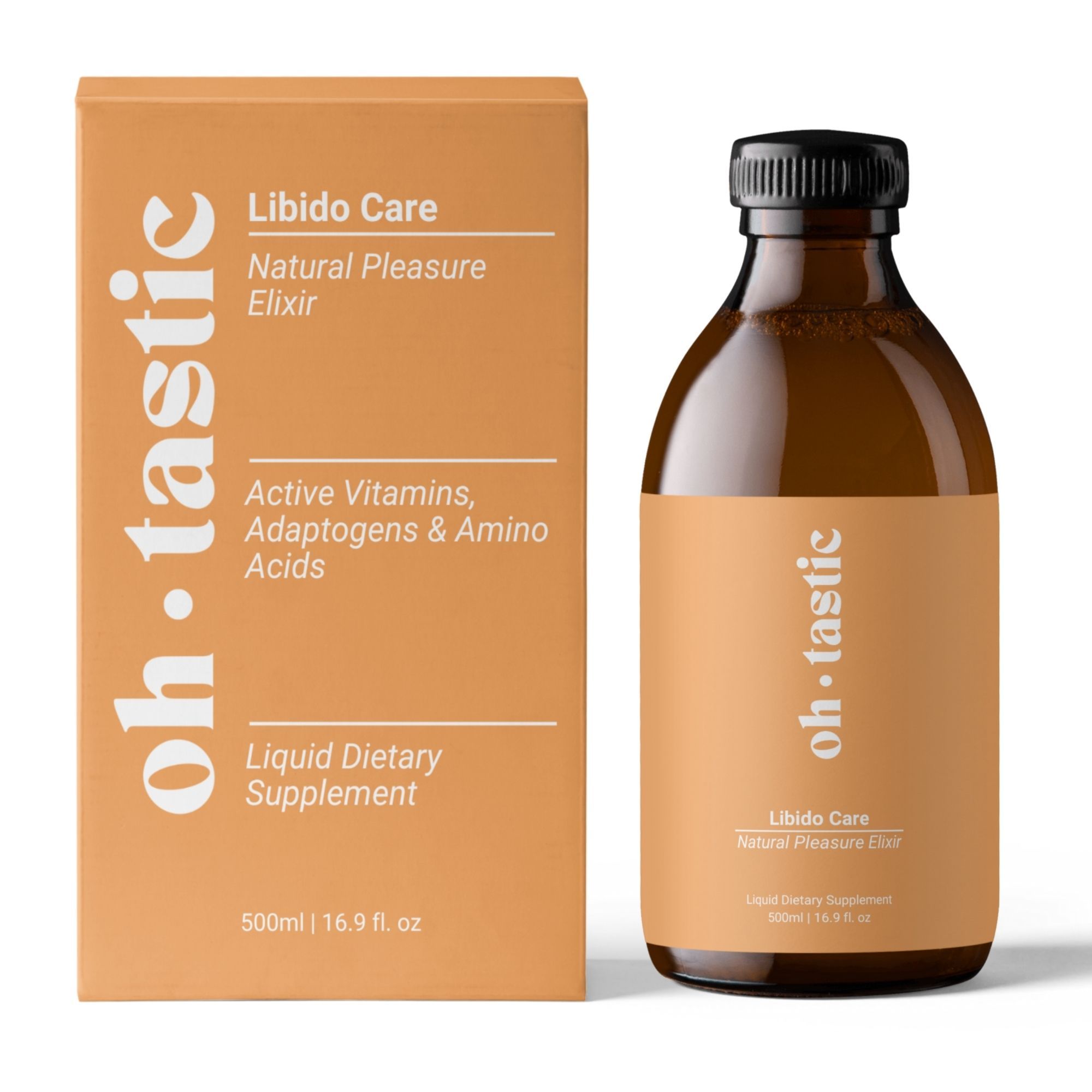 Braune Flasche und Schachtel von oh-tastic. Auf der Schachtel steht: Libido Care, Natural Pleasure Elixir.
