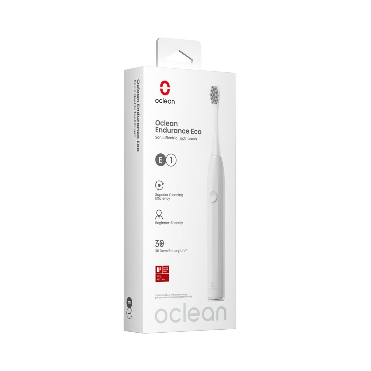 Weiße elektrische Zahnbürste in Verpackung. Produktname und Logo auf der Verpackung. Mit Symbolen und Text.