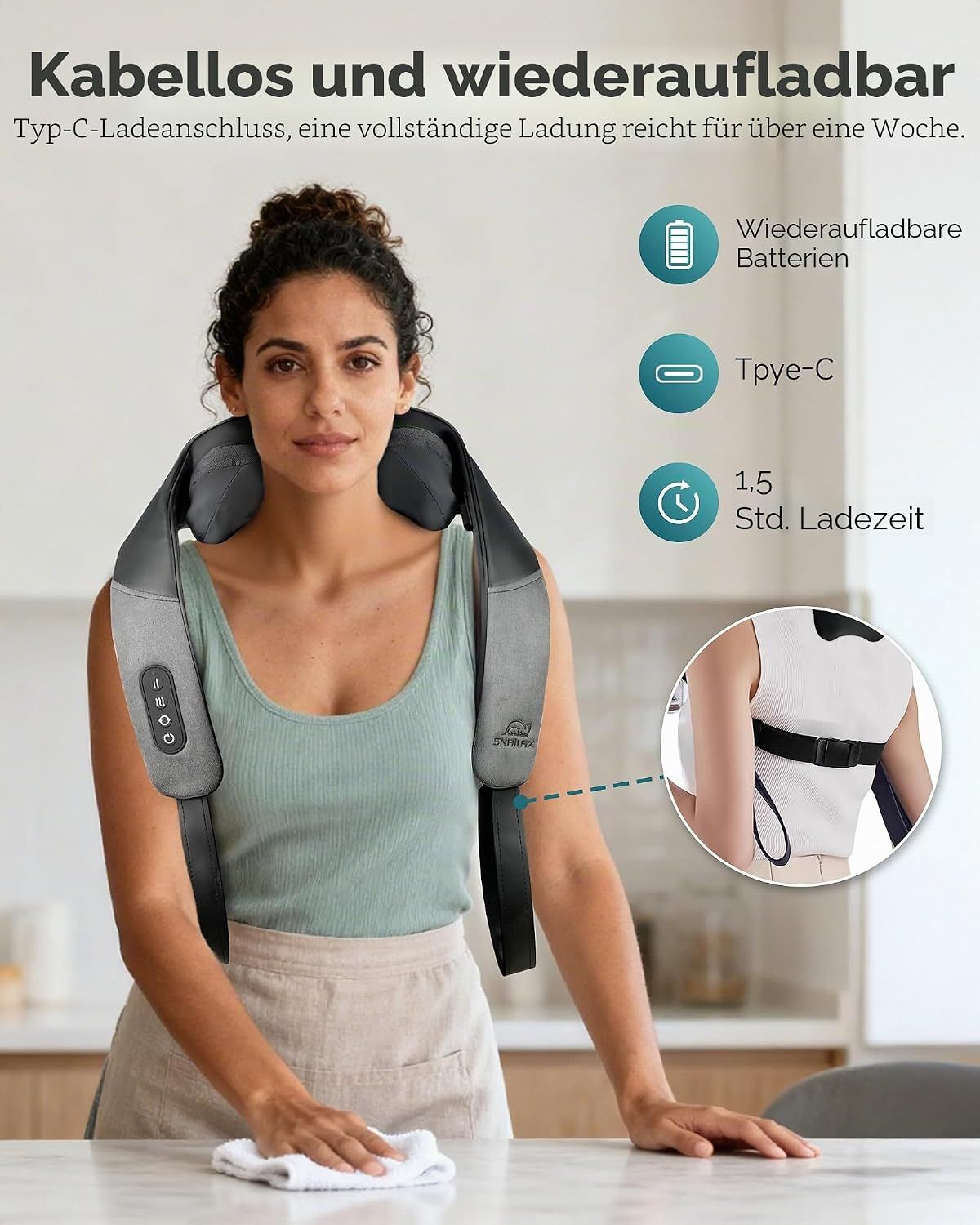 Graues Nackenmassagegerät mit zwei Massageköpfen, das um den Hals getragen wird. Zeigt Graphen-Heizung und Temperatur.