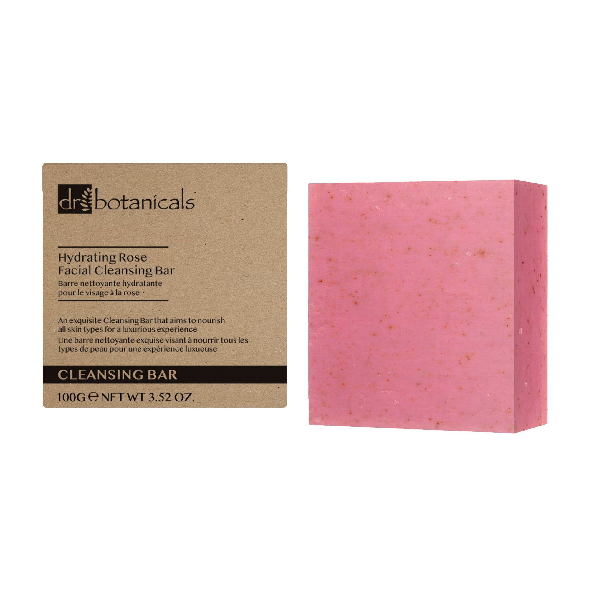 Rosa Seife und Verpackung. Text: Dr. Botanicals, Hydrating Rose Facial Cleansing Bar, 100g e NET WT 3.52 OZ.