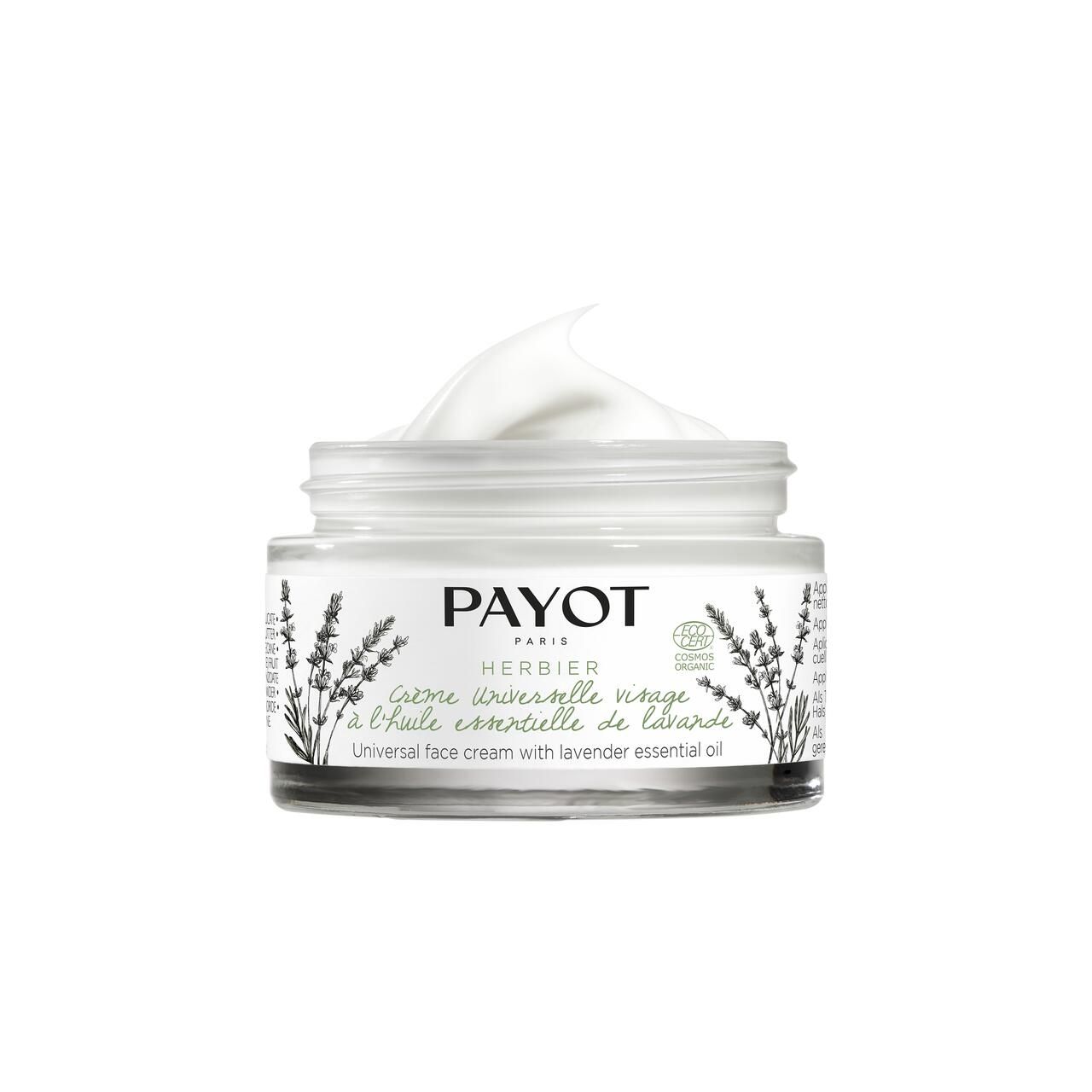 Geöffnetes Creme-Glas. Creme-Oberfläche sichtbar. Aufschrift: PAYOT, Herbier, Crème universelle visage à l'huile essentielle de lavande. Mit Lavendel-Illustrationen.