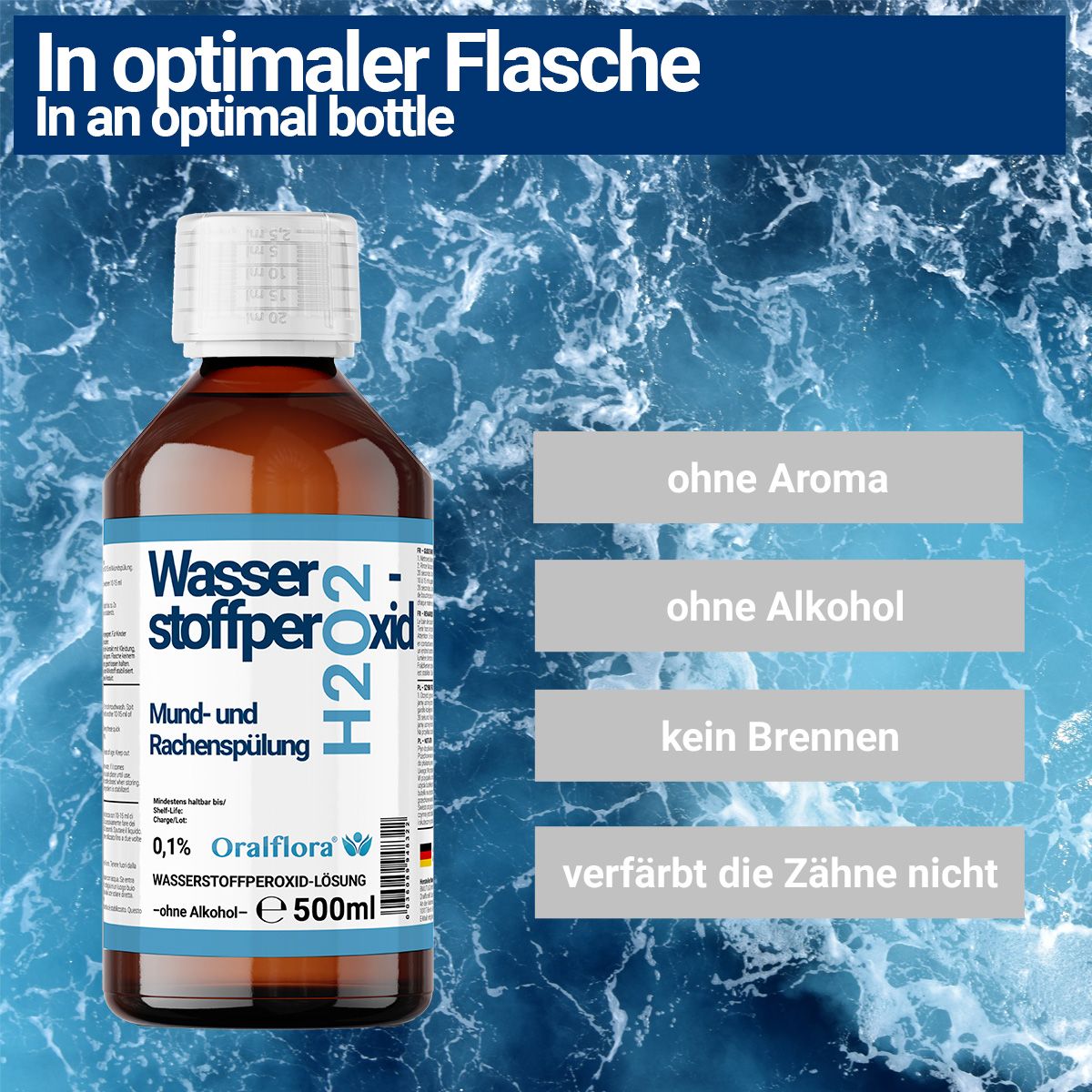 Braune Flasche mit weißem Deckel. Beschriftung: Wasserstoffperoxid H2O2, Mund- und Rachenspülung, 0,1% Oralflora. Ohne Aroma, Alkohol, Brennen.